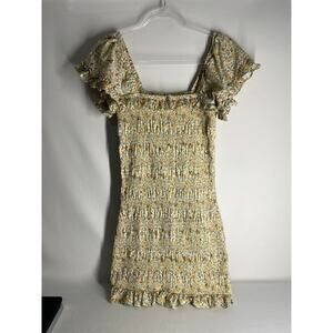 Storia Smocked Ditzy Floral Yellow Mini Dress Fitted Ruffle Sleeve Size Large